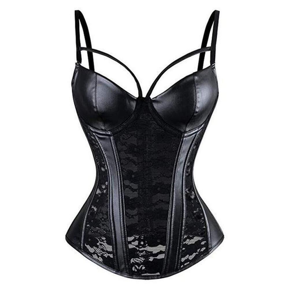 2637 Steampunk Gothic Lace Corset Bustier Faux Leather Bra Lingerie Plus